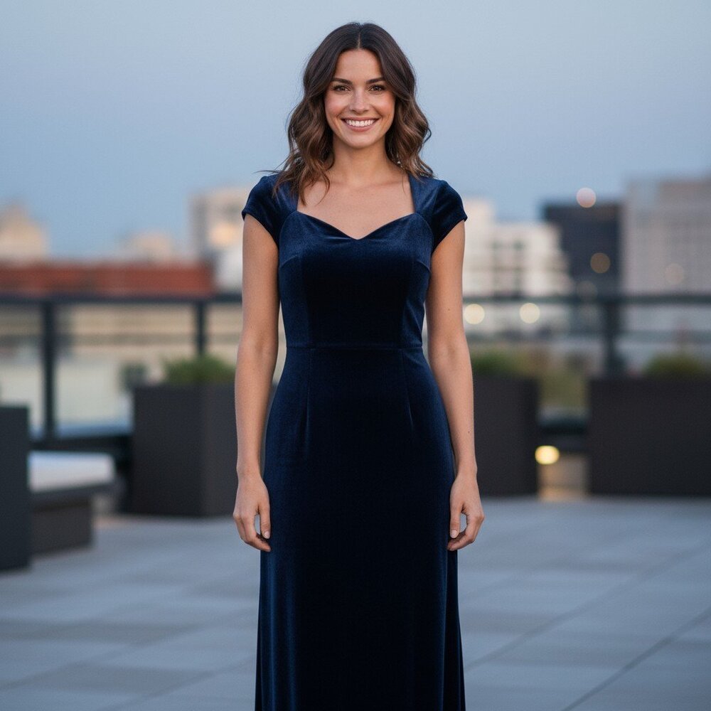 Williams Dark Blue Lined Velvet Maxi Dress with Slit Plunging Scallop Neckline S